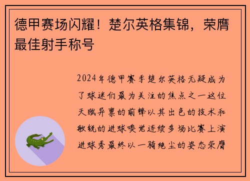 德甲赛场闪耀！楚尔英格集锦，荣膺最佳射手称号