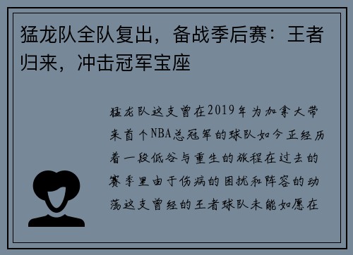 猛龙队全队复出，备战季后赛：王者归来，冲击冠军宝座