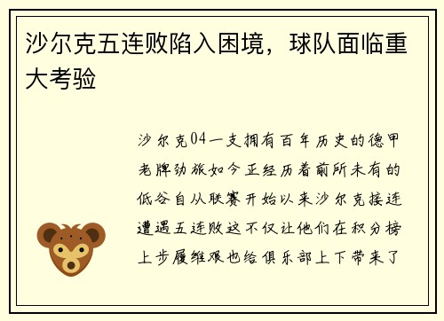 沙尔克五连败陷入困境，球队面临重大考验