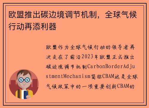 欧盟推出碳边境调节机制，全球气候行动再添利器