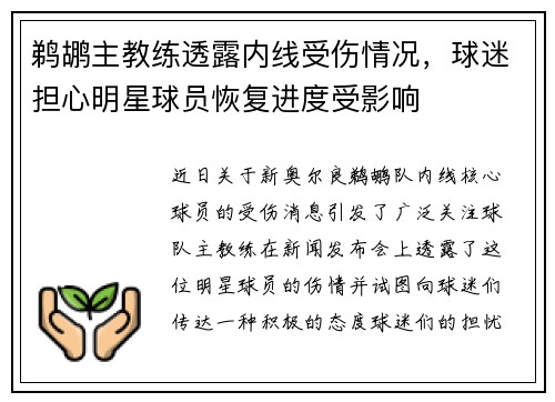 鹈鹕主教练透露内线受伤情况，球迷担心明星球员恢复进度受影响