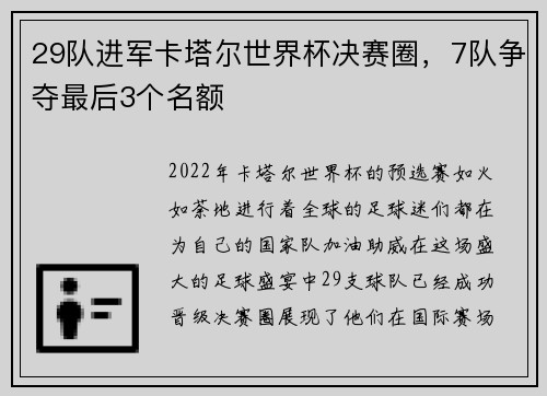 29队进军卡塔尔世界杯决赛圈，7队争夺最后3个名额