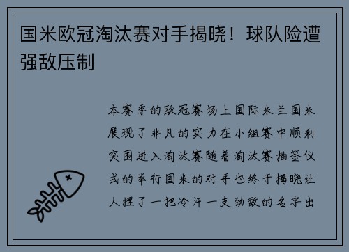 国米欧冠淘汰赛对手揭晓！球队险遭强敌压制