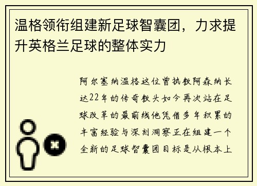 温格领衔组建新足球智囊团，力求提升英格兰足球的整体实力