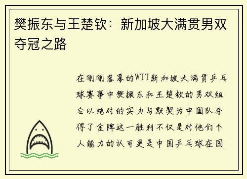 樊振东与王楚钦：新加坡大满贯男双夺冠之路