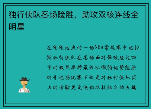 独行侠队客场险胜，助攻双核连线全明星