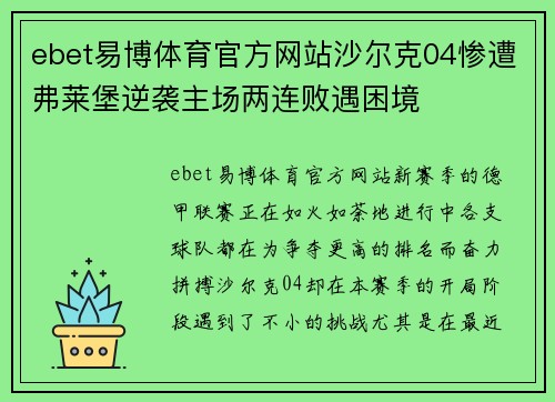 ebet易博体育官方网站沙尔克04惨遭弗莱堡逆袭主场两连败遇困境